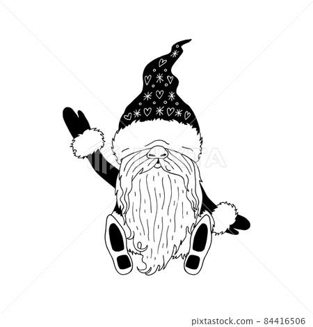 Black and white illustration of line art cartoon gnome holding gift bag Black and white illustration of line art cartoon gnome holding gift bag 84416506