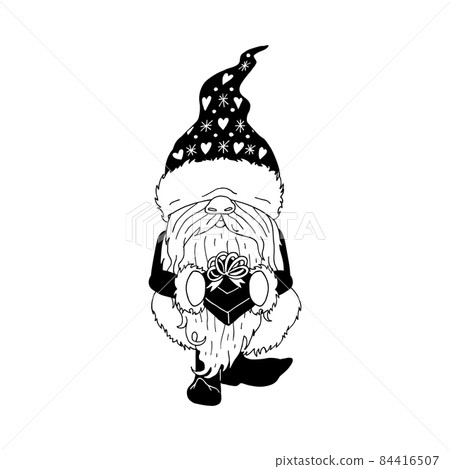 Black and white illustration of line art cartoon gnome holding gift bag Black and white illustration of line art cartoon gnome holding gift bag 84416507