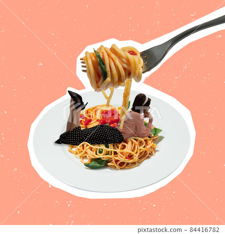 Contemporary art collage of woman lying into plate with delicious pasta isolated over peach background 84416782