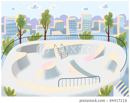 Skateboarding park outdoor background. Empty park with ramp for skating. Recreation at skatepark playground for extreme sport and leisure vector illustration. Landscape scene in nature 84417218