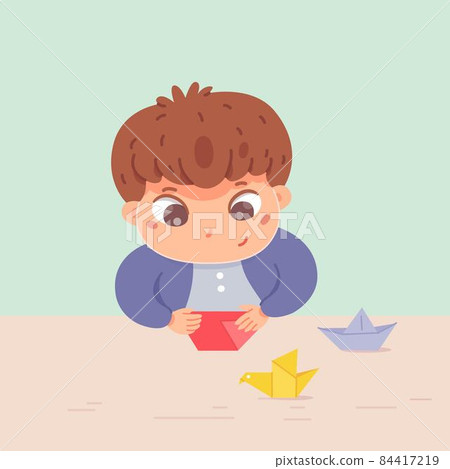 Boy making origami in art and crafts class. Little child folding paper into bird, ship, sitting at desk in school classroom. Creative activities with tools vector illustration 84417219