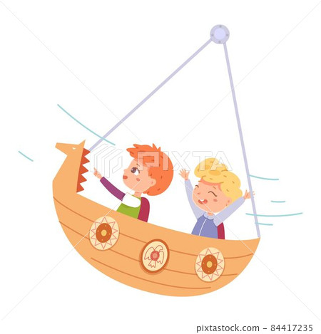 Kids riding in amusement park ship swing. Happy children standing in attraction moving in air vector illustration. Boys having fun in summer carnival or fair on white background 84417235
