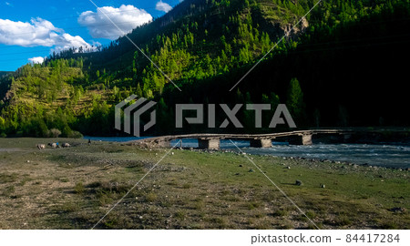 Wooden bridge over the Chuya river in the Altai Republic. Wooden bridge over the Chuya river in the Altai Republic. 84417284