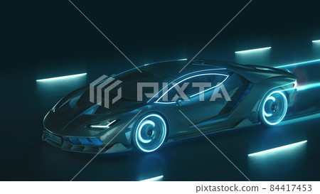 3d render Sports cyber neon car rushes on the night road with neon lights 84417453