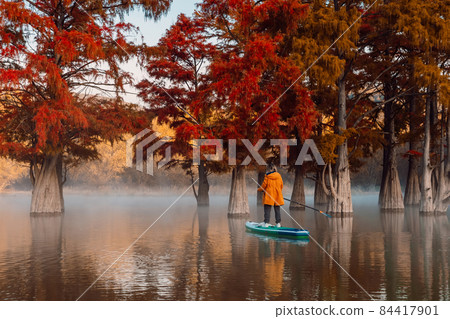 Traveller woman on stand up paddle board at the lake with autumnal trees Traveller woman on stand up paddle board at the lake with autumnal trees 84417901
