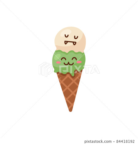 Cone waffle ice cream with scoops and face expressions, cartoon vector illustration isolated on white background. 84418192