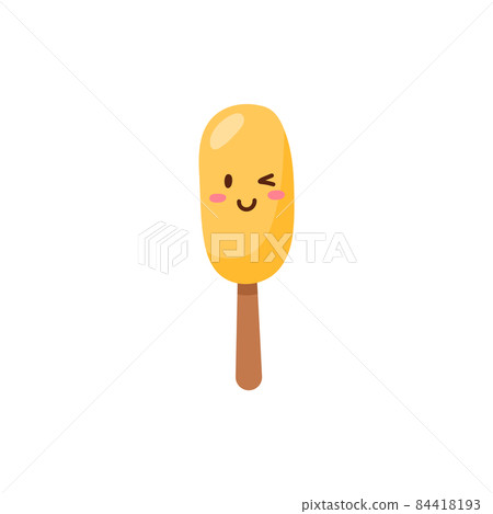 Cute ice cream on wooden stick with smiling face, flat vector illustration isolated on white background. 84418193