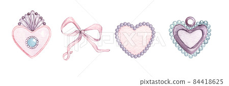 Watercolor set of Provence. brooch, heart, pendant, precious stones, button, pearls, bow, ribbon.For valentine or birthday cards, linen, wrapping paper, wallpaper, textile. isolated elements on white 84418625