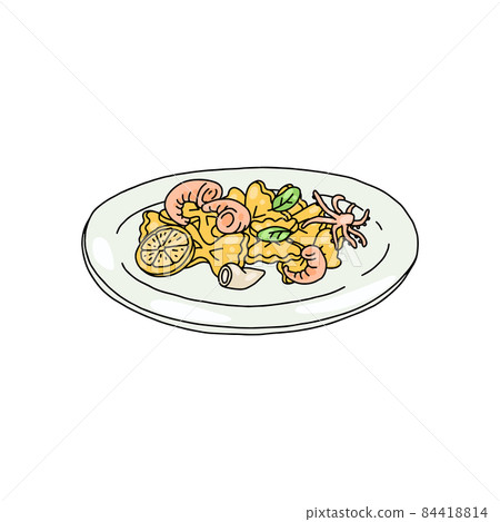 Seafood dish with Farfalle pasta, hand drawn vector illustration isolated. 84418814