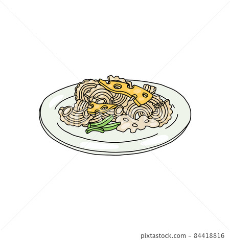 Cooked Creste di gallo pasta on plate with cheese, vector illustration isolated. 84418816