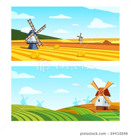 Summer landscape backgrounds with windmill and fields, flat vector illustration. 84418846