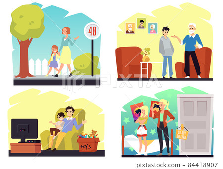 Parents talking with child in different situations - love or conflict in family. Parents talking with child in different situations - love or conflict in family. 84418907