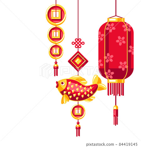 Happy Chinese New Year greeting card. Background with talismans and holiday decorations. Asian tradition symbols. 84419145