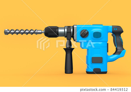 Electric drill with cord and attached metal bit, tool for repair on yellow Electric drill with cord and attached metal bit, tool for repair on yellow 84419312