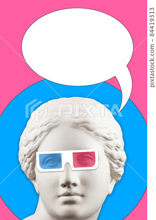Collage with sculpture of human face in a pop art style. Creative concept image with statue head and comics bubble. Zine culture. Contemporary art poster. Comics design. Funky minimalism. Copy space. 84419313