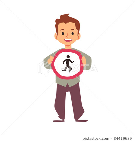 Child boy holds prohibitory no pedestrian traffic sign, flat vector illustration isolated on white background. 84419689