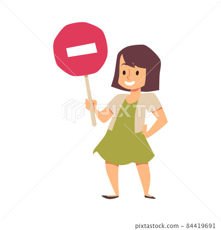 Child girl with road stop sign in hands, flat vector illustration isolated. 84419691