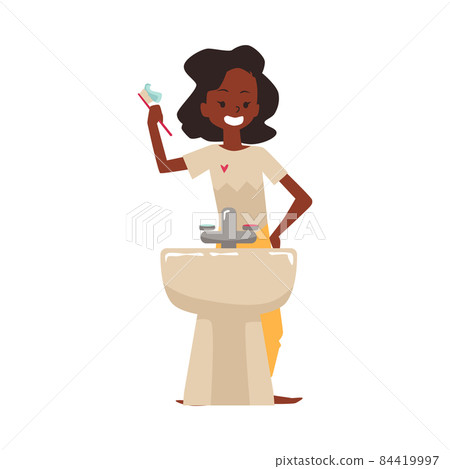 Happy smiling teenager brushes teeth, flat vector illustration isolated on white background. 84419997