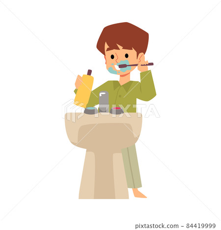 Cartoon boy in pajamas brushes teeth, uses mouthwash in flat vector illustration Cartoon boy in pajamas brushes teeth, uses mouthwash in flat vector illustration 84419999