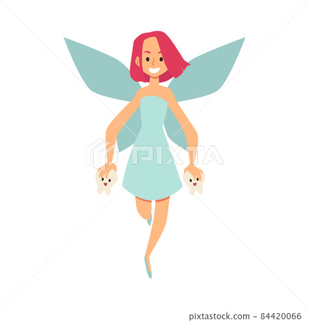 Beautiful tooth fairy with baby teeth in hands flat vector illustration isolated. Beautiful tooth fairy with baby teeth in hands flat vector illustration isolated. 84420066