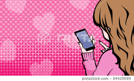 Illustration of a woman operating a heart background and a smartphone_American style_16: 9 Illustration of a woman operating a heart background and a smartphone_American style_16: 9 84420099
