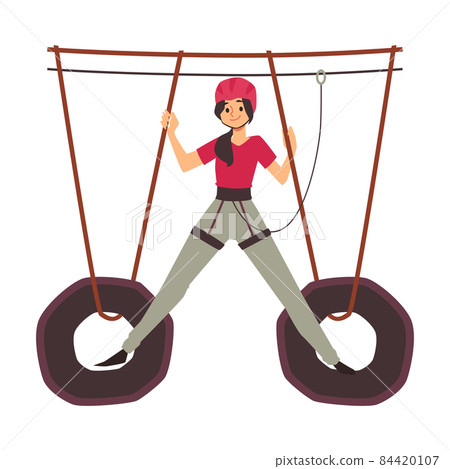 Woman in safety equipment overcoming rope park, vector illustration isolated. 84420107