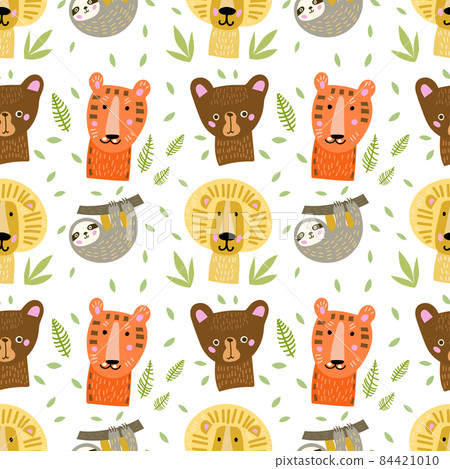 Seamless tropical pattern for kids with cute animals. Colorful vector design for print and web.  84421010