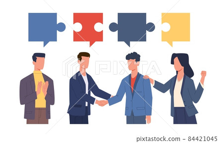 Consensus. Agreement in discussion. People shake hands. Puzzle connection. Successful negotiation. Business communication. Employees cooperation. Jigsaw parts matching. Vector concept 84421045