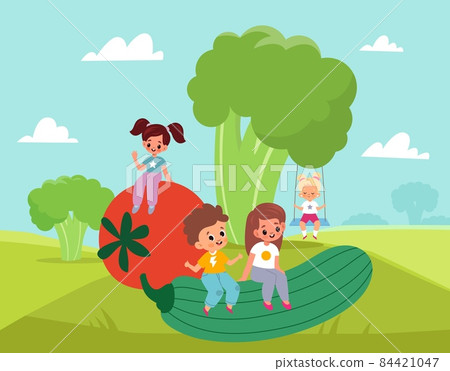 Children with vegetables. Kids entertainment and leisure. Boys and girls play outdoor. Big tomato cucumber and celery. Health vegetarian food. Babies organic nutrition. Vector concept 84421047