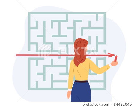 Audacious solution task. Direct path to goal. Woman solving puzzle. Mind exercise. Girl searching way. Logic riddle. Intellectual challenge. Person overcoming obstacles. Vector concept 84421049