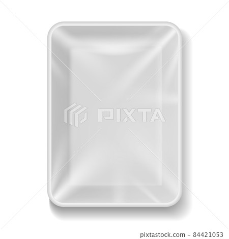 Tray plastic. Food package with transparent wrap. Realistic white empty container for vegetables, fruits and meat. Vacuum square lunch or dinner box top view. Package vector illustration Tray plastic. Food package with transparent wrap. Realistic white empty container for vegetables, fruits and meat. Vacuum square lunch or dinner box top view. Package vector illustration 84421053