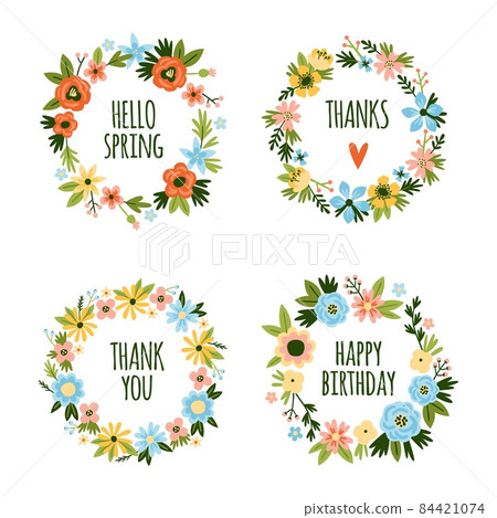 Abstract flowers wreaths. Romantic beautiful circles, floral rings arrangement with cute inscriptions inside, hand drawn plants, spring summer flora frames with congratulation text, vector set 84421074