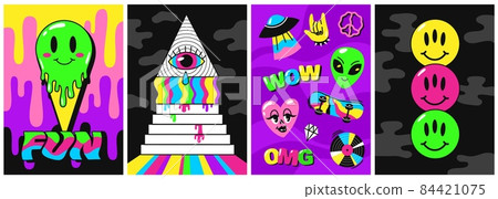 Psychedelic posters. Acid color 70s designs, surreal fantastic shapes, hippie lifestyle theme, swollen emoticons, abstract signs on bright background, trendy 80s creative banners vector set 84421075