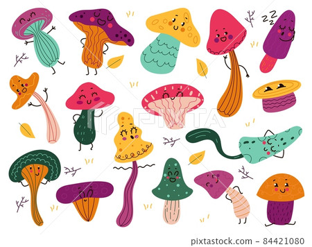 Cute mushrooms characters. Funny cartoon forest fungus, fairytale anthropomorphic natural objects, childish vegetable objects, cute autumn funny collection, vector doodle isolated set 84421080