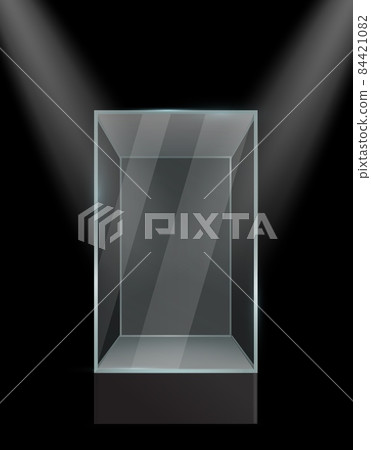 Showcase glass. Plastic empty box under spotlights isolated, transparent realistic mockup. Product presentation stand, exhibition dome with illumination. Vector 3d illustration Showcase glass. Plastic empty box under spotlights isolated, transparent realistic mockup. Product presentation stand, exhibition dome with illumination. Vector 3d illustration 84421082
