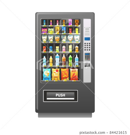 Vending machine. Retail mechanism. Automatic food sale. Buying drinks and snacks. Make purchases in selling equipment. Square appliance mockup with panel and buttons. Vector illustration Vending machine. Retail mechanism. Automatic food sale. Buying drinks and snacks. Make purchases in selling equipment. Square appliance mockup with panel and buttons. Vector illustration 84421615
