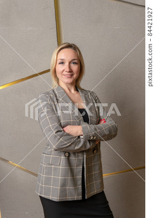Woman standing hands folded girl business face female adult sitting casual, relaxation. Pose sexy color, style joyful Woman standing hands folded girl business face female adult sitting casual, relaxation. Pose sexy color, style joyful 84421927