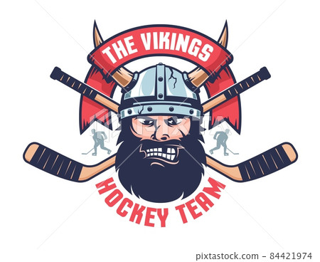 Hockey team emblem with Viking head and crossed sticks 84421974