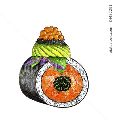 Sushi roll, hand pencil drawing, fish caviar, salmon, rice, sushimi, mint leaf and basil, tracing, sketch art, single, isolated, white background. Sushi roll, hand pencil drawing, fish caviar, salmon, rice, sushimi, mint leaf and basil, tracing, sketch art, single, isolated, white background. 84422291