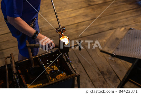 Process of glass production in manufacturing industrial, handmade glass product, industry concept Process of glass production in manufacturing industrial, handmade glass product, industry concept 84422371