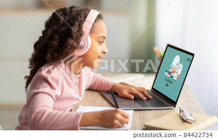 Online Lesson. Black Teen Schoolgirl Study Remotely With Laptop At Home, Collage Online Lesson. Black Teen Schoolgirl Study Remotely With Laptop At Home, Collage 84422734