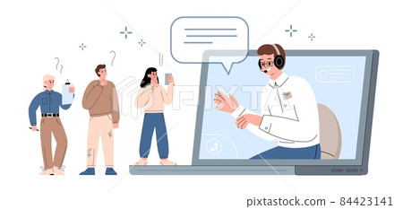 Hotline operator advising customers, flat cartoon vector illustration isolated. Hotline operator advising customers, flat cartoon vector illustration isolated. 84423141