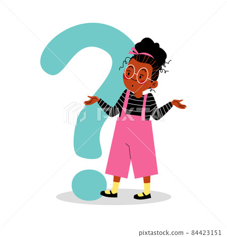 Confused child girl near question mark, flat vector illustration isolated. 84423151