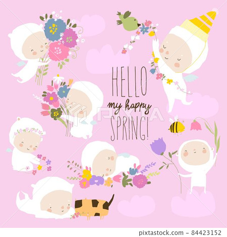 Set of Cute Little Angels with Spring Flowers 84423152