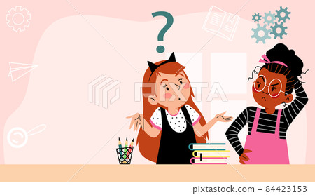 Banner with children making decisions pondering task, flat vector illustration. 84423153