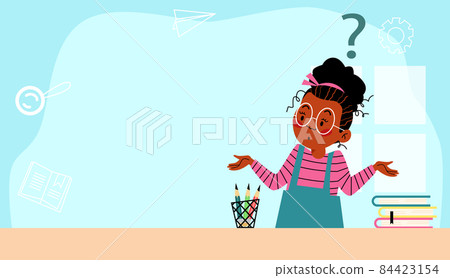 Banner with pensive thoughtful girl and question mark, flat vector illustration. 84423154