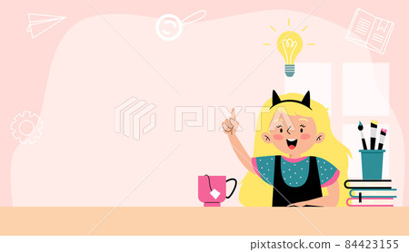 Banner template with clever smart school girl, flat vector illustration. Banner template with clever smart school girl, flat vector illustration. 84423155