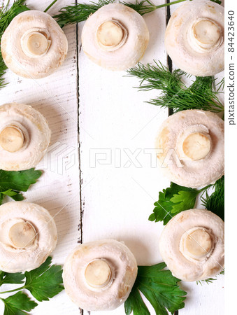 frame of mushrooms champignons on a white wooden background flat top view over head cover cookbook 84423640
