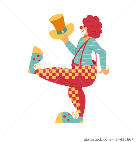 Funny clown in wide pants and hat dancing, cartoon flat vector illustration isolated on white background. 84423664