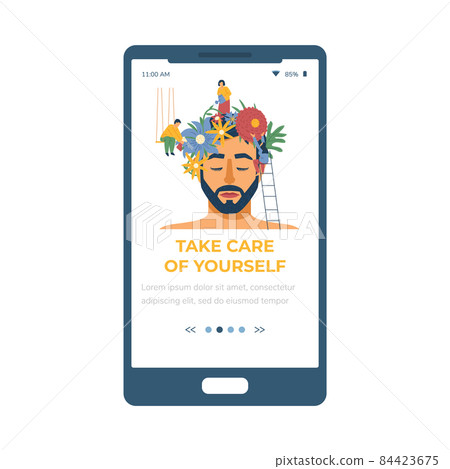 Man with blooming flowers on the head as symbol of psychological help and self care or love, flat vector illustration. 84423675